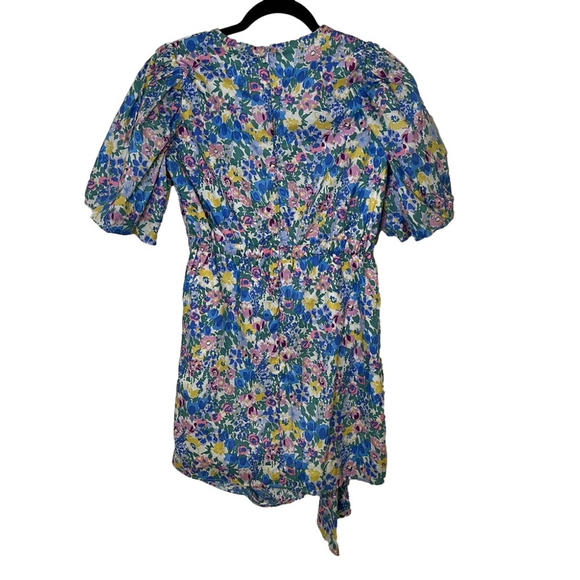En Saison Floral Mini Dress Puffed Statement Sleeve Ruching Ruffle Cotton Small - Picture 5 of 13